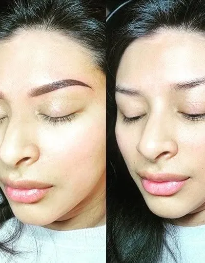 A side-by-side comparison showing the client before and immediately after her eyebrow microblading session. The new shape lifts the eye area and provides a clean, polished frame for her face.