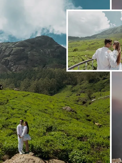 A collage showcasing a pre-wedding shoot in a lush, green mountain range. The images capture the couple enjoying the vast, beautiful scenery together.