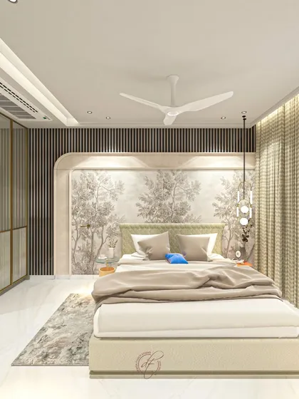A full view of the nature-themed bedroom, with its soft color palette, elegant lighting, and a layout that promotes tranquility and balance.