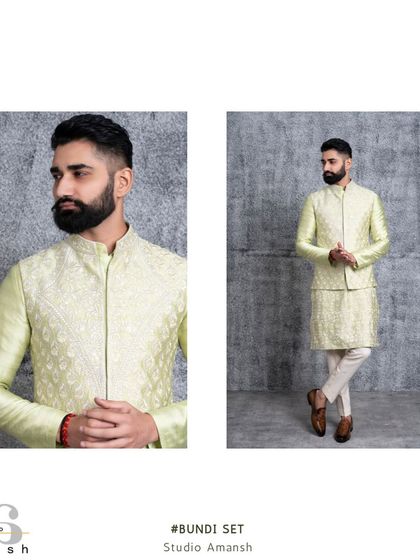 A composite image of our mint green bundi set, showing a close-up of the Resham embroidery alongside the full look. This highlights both the overall design and the fine details.