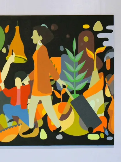 A close-up of the finished canvas for the Bangalore Airport's 15th Anniversary. This piece is a collage of stories, celebrating the journey of the airport, its passengers, and the dedicated employees who make it all happen.