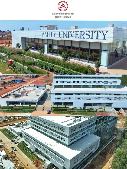 An aerial showcase of the Amity University campus construction by Ahluwalia Contracts, capturing the nearly completed modern buildings and surrounding site work.
