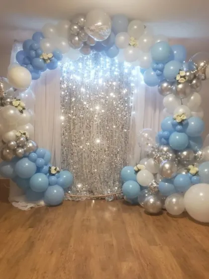 A simple yet elegant Frozen-inspired balloon ring against a silver shimmer curtain. This setup is great for smaller spaces or as a dedicated photo booth area.