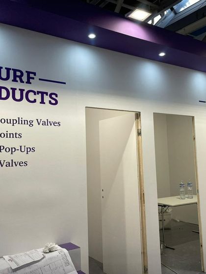 The calm before the storm. Our booth at EIMA International 2022 during setup, with sections dedicated to Turf Products, Impact & Micro Sprinklers.