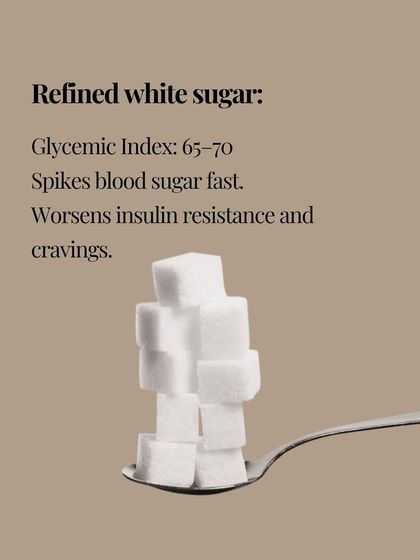 Refined white sugar has a glycemic index of 65-70. It spikes blood sugar fast, worsening insulin resistance and cravings.