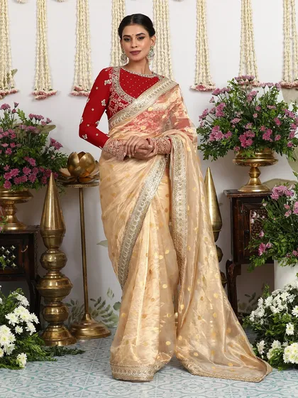 Another view of this beautiful saree, showcasing its delicate fabric and intricate details.