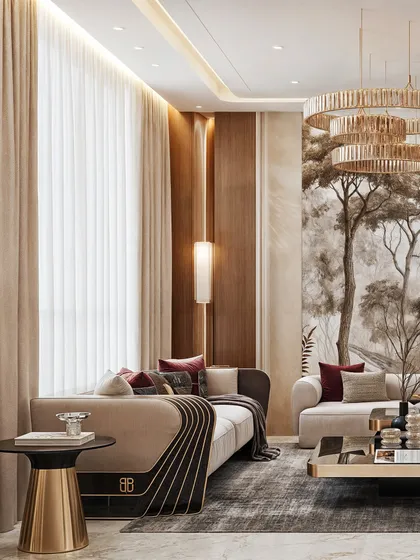 A view focusing on the bespoke sofa with elegant line detailing, set against the backdrop of the tree mural and layered drapery.