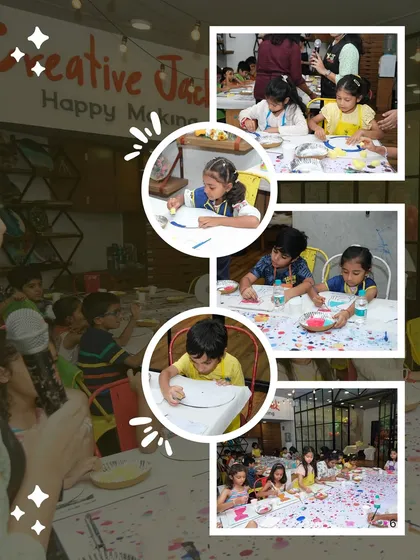 This collage showcases various scenes from a kids' birthday party, with children deeply engaged in painting and crafting at their tables.