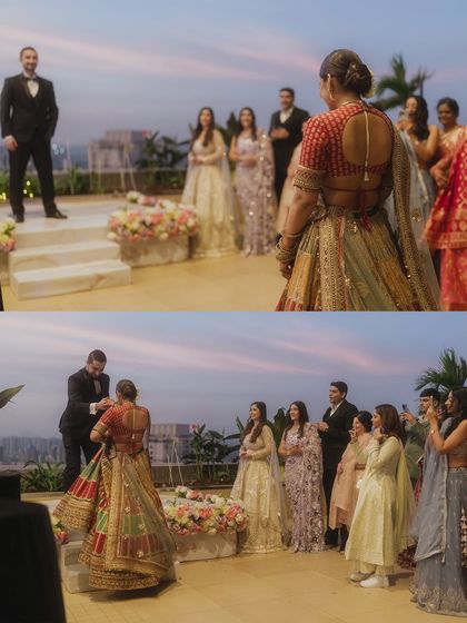 A collage of the ring ceremony on a rooftop against the sunset. The images capture the couple's joy and the happy reactions of their family and friends.