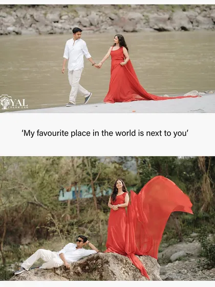 A collage showing a couple's romantic moments, with the bride's flowing red gown adding a splash of color to the riverside scenery.