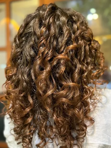 A collection of my other no-bleach balayage and color work, showcasing a variety of tones from subtle browns to vibrant reds on different curl types.