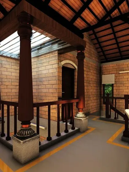 This rendering shows the first-floor landing overlooking the central courtyard in a CSEB house. We use traditional wooden pillars and railings to create a safe and beautiful transition space that is filled with natural light.