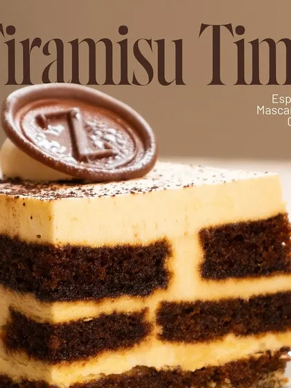 It's always Tiramisu Time. A close-up on my signature dessert, highlighting its rich texture and the key flavors of espresso, mascarpone, and cocoa.