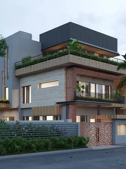 This farmhouse project in Chattarpur, New Delhi, features a complex facade with a mix of materials including brick, stone, and wood. The design balances privacy with open views through carefully placed windows and balconies.