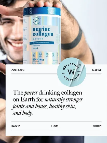A dynamic and engaging shot for Wellbeing Nutrition's Marine Collagen. The model appears to be presenting the product directly to the viewer, while the text overlay clearly communicates its key selling points.