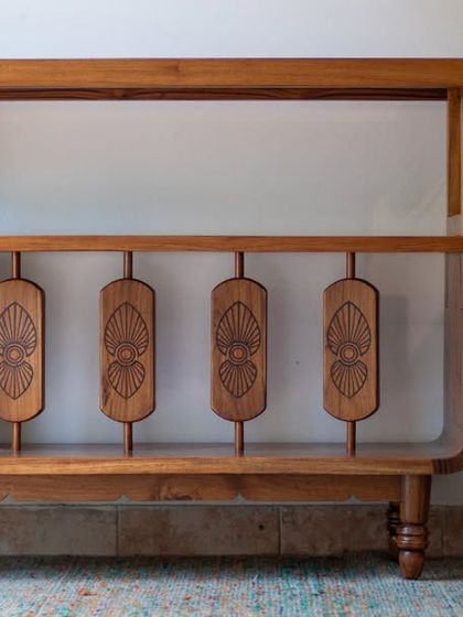 A detailed look at the Mysore Inlay Collection. These images highlight the functional aspects, such as the detachable bench on the bookshelf and the removable tray on the center table, alongside the exquisite craftsmanship.