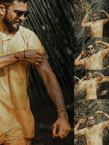 A collage showcasing the groom's fun and energetic Haldi ceremony, from applying the paste to the celebratory splashes.
