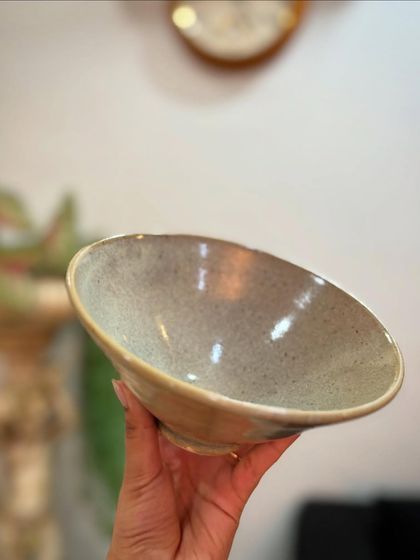 The other side of our reduction-fired Chun bowl, showing more of the warm, oxidized tones.