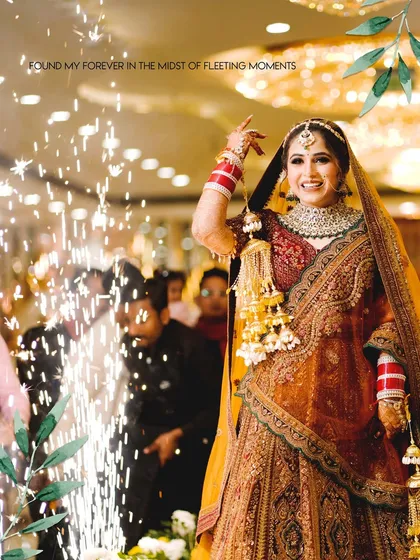 A creative edit of the bride's grand entry, surrounded by sparklers, capturing her happiness.