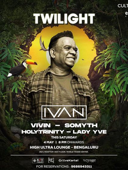 A poster for "Twilight" with DJ Ivan, using a lush jungle theme. The artwork creates an immersive, escapist fantasy, inviting guests to a sonic adventure.