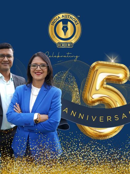 A 5th-anniversary graphic featuring me and my partner Manish. Together, we are leading this author revolution.
