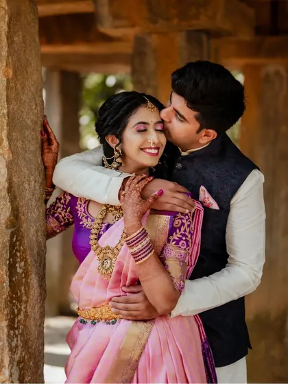 An intimate portrait of a South Indian couple. We use natural light and rustic settings like The Tamarind Tree in Bangalore to create warm, romantic images that feel both timeless and authentic.