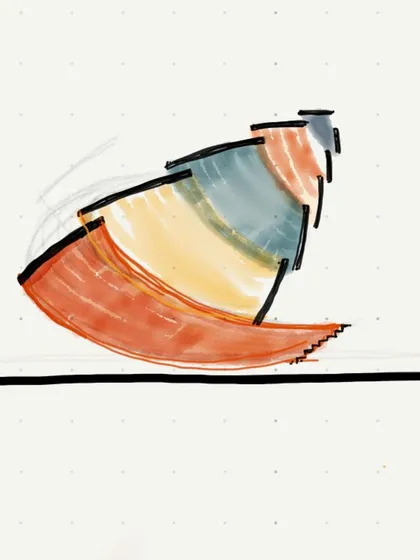 Another early concept sketch, focusing on the dynamic, layered forms of a new structure. This is where the architectural idea begins to take its initial shape.