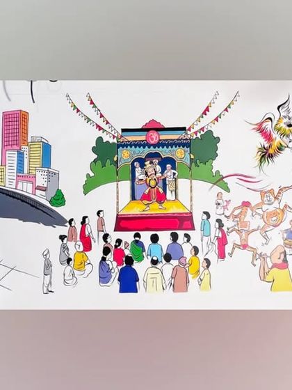 This mural for a realty office blends modern city life with Mangalore's rich heritage. It shows the journey from the coast and cityscapes to traditional scenes of worship and folk art, telling a complete story on a single wall.