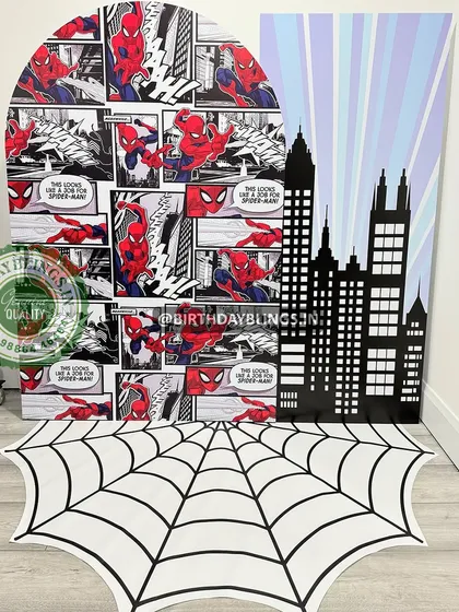 A deconstructed Spider-Man theme, featuring separate elements like a comic-panel arch, a city skyline panel, and a spider-web floor decal. This allows for a flexible and creative party layout.