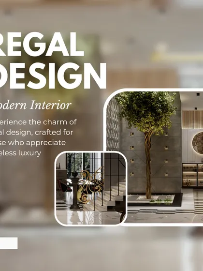 This image collage showcases a regal, modern interior. I used a central tree as a biophilic element, combined with grand architectural details and luxurious finishes, to craft a space for those who appreciate timeless luxury.