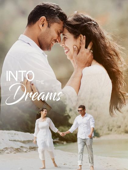 A dreamy composite image with the text "Into the Dreams," blending a close-up portrait with a candid walking shot from a beach session.