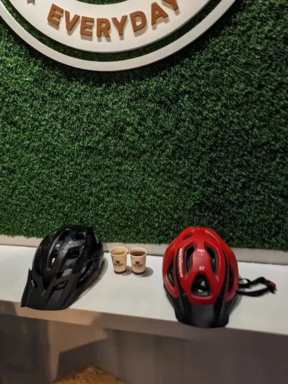 Our helmets resting next to two small cups of tea. This simple image captures the essence of our pit stops: a quiet moment of rest and connection during our New Year's Eve ride.