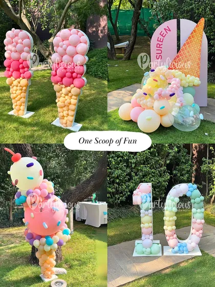 One scoop of fun, or four? This collage shows the variety of our ice cream themed decor, including giant standing balloon ice cream cones, a personalized backdrop, and a pastel rainbow number '10' mosaic.
