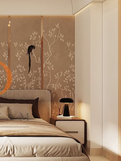 A bedroom with a nature-inspired wallpaper featuring a parrot motif, complemented by a modern bedside lamp and a simple, elegant bed.