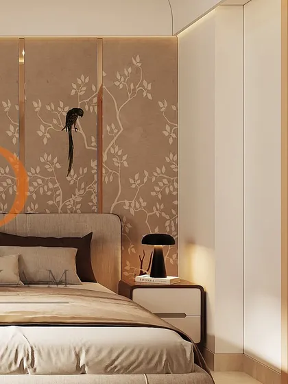 A serene bedroom design with a bird-and-branch themed wallpaper, complemented by sleek, modern bedside tables and lamps.