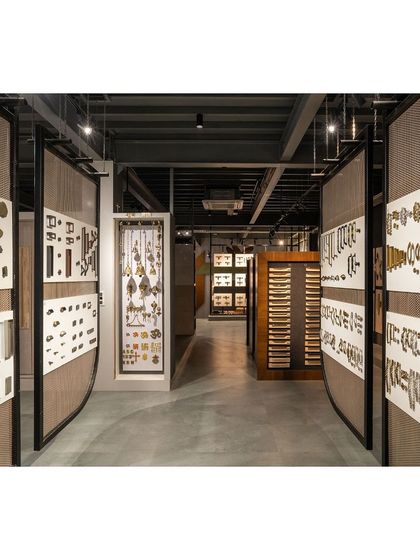 The display aisles inside Satyam Four Wings. I used perforated sheets and wooden veneers to create modular display panels, allowing for flexible merchandising.