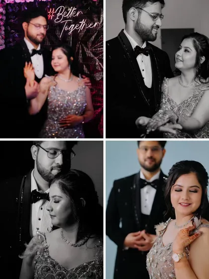 A four-photo collage that tells the story of the couple's engagement, blending candid moments, romantic poses, and both color and black and white styles.