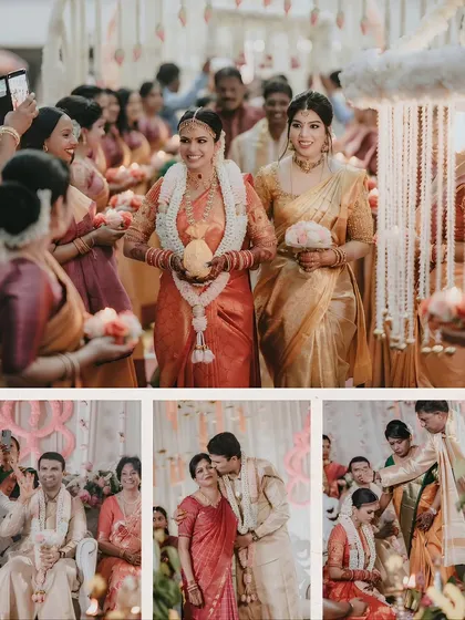 This collage captures the heart of a South Indian ceremony. It shows the bride's grand entrance, tender moments between the couple, and key rituals, painting a complete picture of their sacred union.