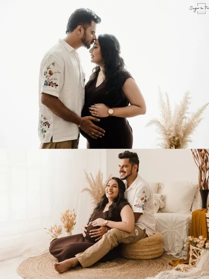 A duo of maternity photos showing both a classic high-key portrait and a relaxed, earthy-toned shot, demonstrating the variety we offer within a single session.