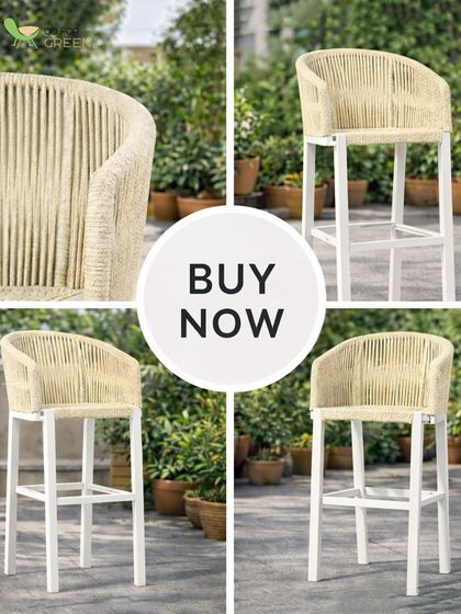 This collage shows our white rope bar chair from multiple angles, highlighting the elegant curved back and detailed weaving. It's a clear call to action for anyone looking to add stylish seating to their outdoor bar.