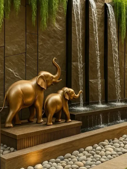 We design and integrate custom artifacts that elevate a space from beautiful to breathtaking. This concept shows a tranquil water feature with golden elephant sculptures, creating a focal point of luxury and serenity.