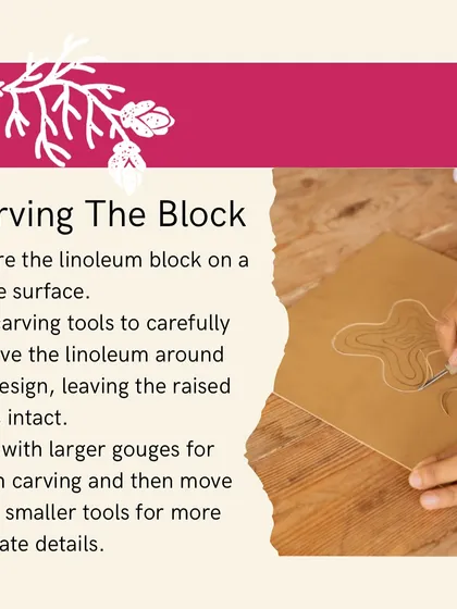 This is where the magic of printmaking begins. I guide you through the tactile process of carving your own design into a linoleum block. You'll learn how to use the carving tools to carefully remove the negative space, leaving your unique image ready for ink.
