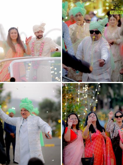 The entire family joins in the baraat fun, dancing and celebrating as the groom makes his way to the wedding venue.