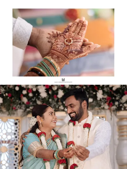 Key moments from the engagement ceremony. The top photo is a detail shot of the ring in the bride's mehandi-adorned hand, while the bottom shows the couple's happy interaction.