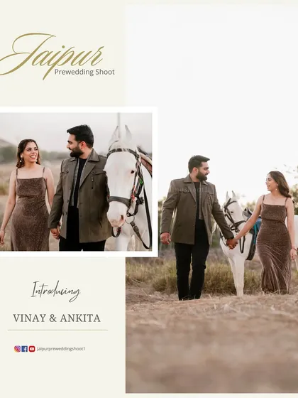 An introductory image for Vinay and Ankita, featuring a beautiful shot of them with a white horse in a rustic field, creating a fairytale-like scene.