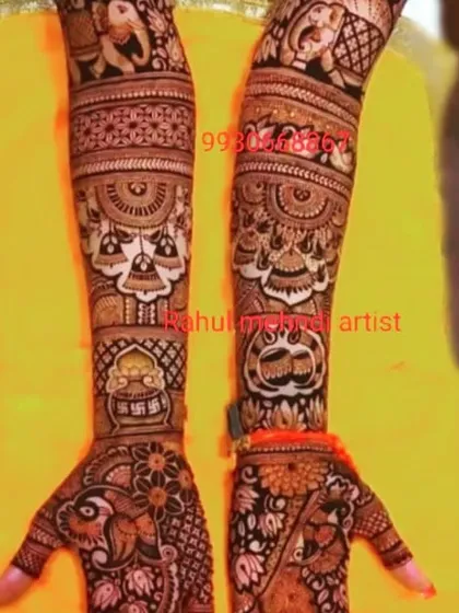 This design is filled with auspicious symbols like temple bells, kalash, and swastikas, perfect for a traditional wedding ceremony.