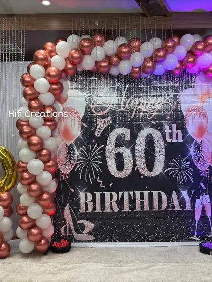 A closer look at the 60th birthday backdrop and balloon arch.