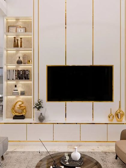 A close-up of the TV unit in the Odion Woods concept, showing its connection to the open-plan dining area in the background.