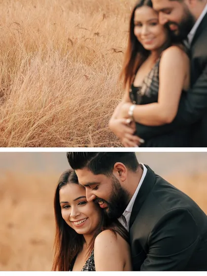 A diptych featuring two soft-focus, romantic portraits of the couple embracing in a golden field, creating a dreamy and cohesive look.