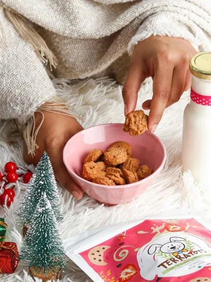A cozy Christmas-themed shot for a pet treats brand. The warm blanket, miniature trees, and soft lighting create a heartwarming scene that pet owners can connect with during the holidays.